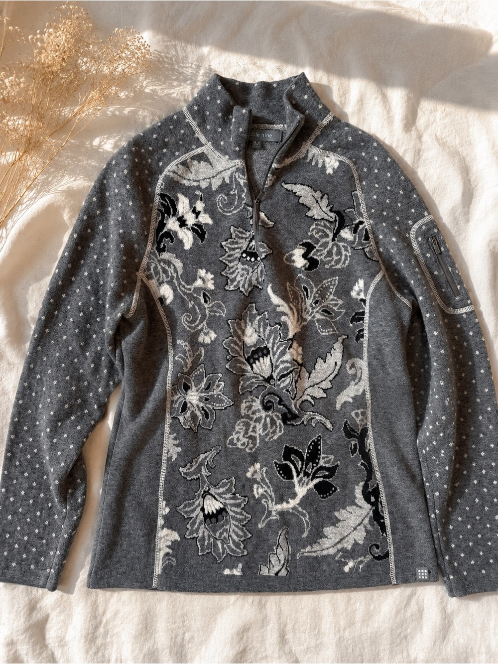 Gray Floral Zip-Neck Sweater Tee